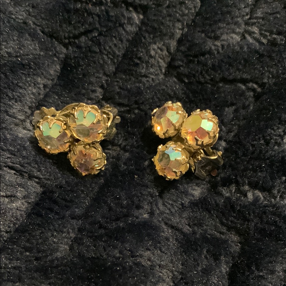 Vintage Clip-On Earrings With Multicolor Rhinestones Stones Aurora Borealis